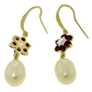 9.01 Carat 14K Solid Yellow Gold Fish Hook Earrings Diamond, Garnet Pearl