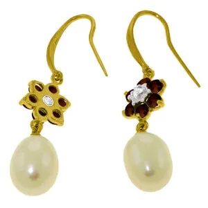 9.01 Carat 14K Solid Yellow Gold Fish Hook Earrings Diamond, Garnet Pearl