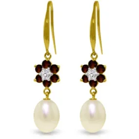 9.01 Carat 14K Solid Yellow Gold Fish Hook Earrings Diamond, Garnet Pearl