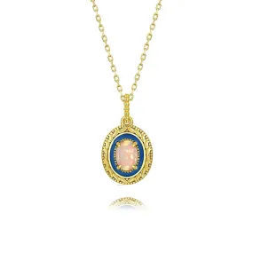 925 Silver Round Opal Enamel Pendant Necklace