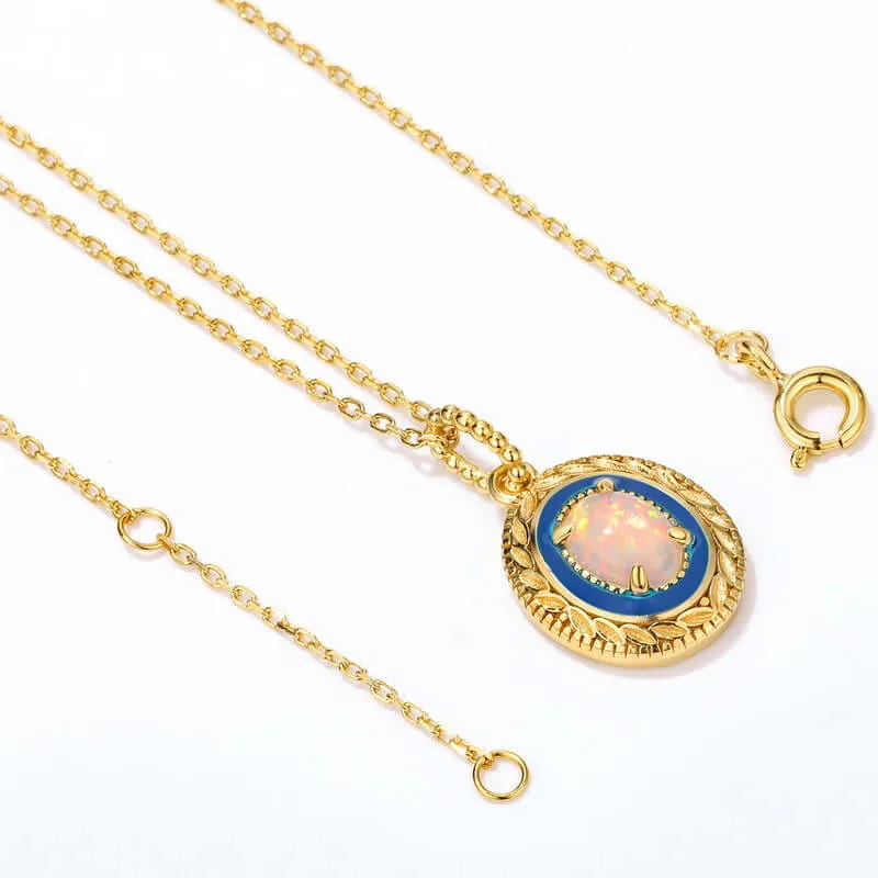 925 Silver Round Opal Enamel Pendant Necklace