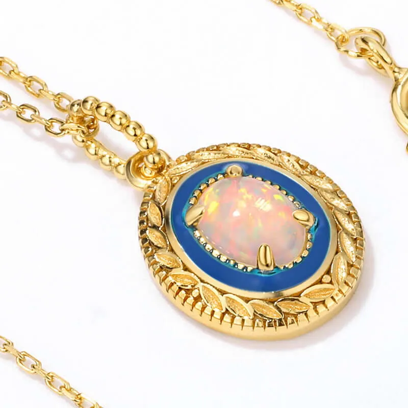 925 Silver Round Opal Enamel Pendant Necklace