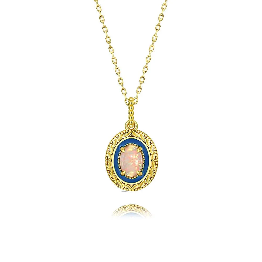 925 Silver Round Opal Enamel Pendant Necklace