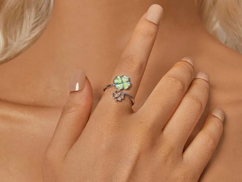 925 Silver Summer Lucky Four Leaf Clover Toi et Moi Rings