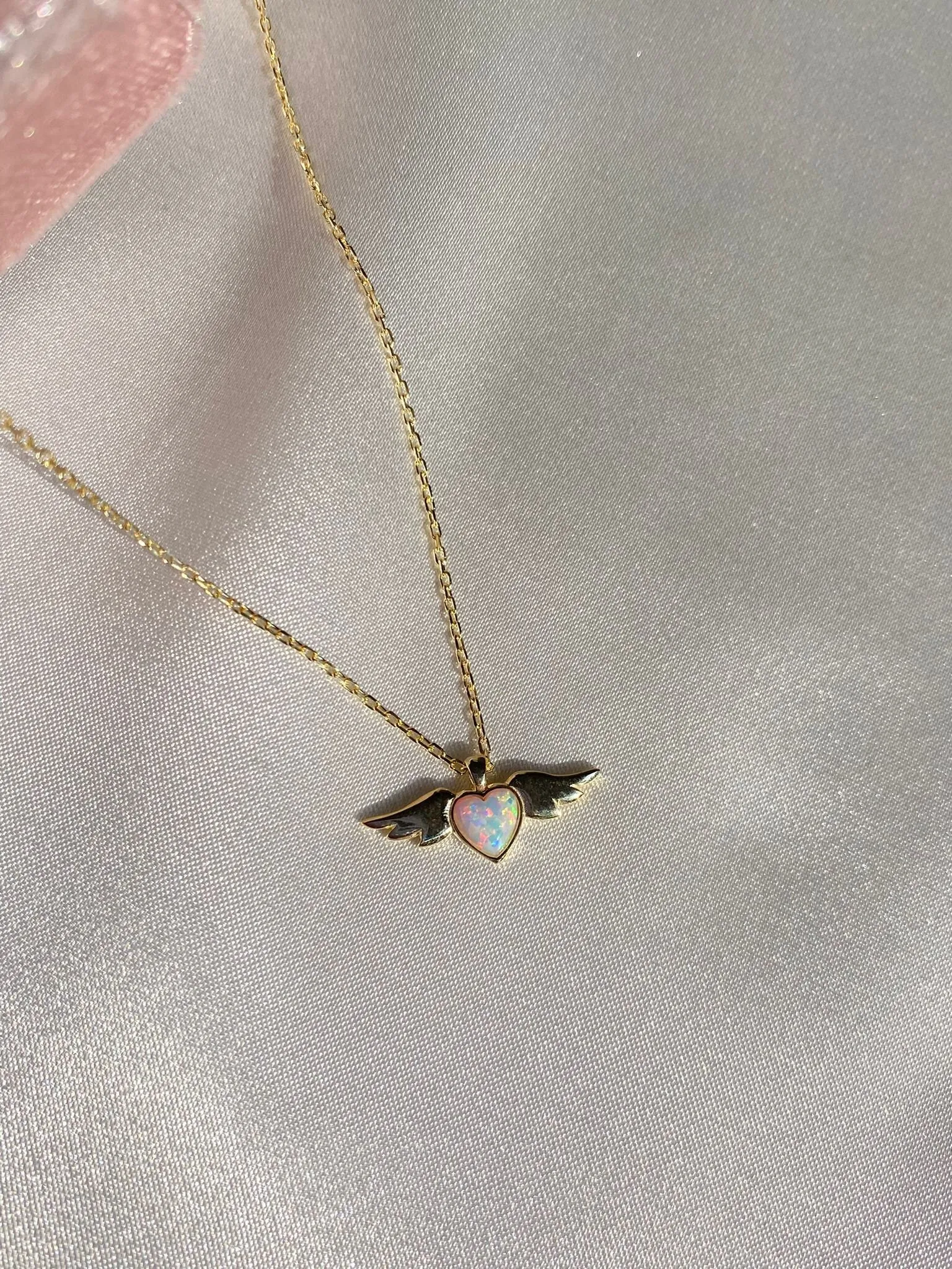 925 Sterling Silver Opal Stone Winged Heart Necklace, Opal Heart Charm, Rainbow Heart Necklace, Gold Silver Necklace, Dainty Heart Necklace