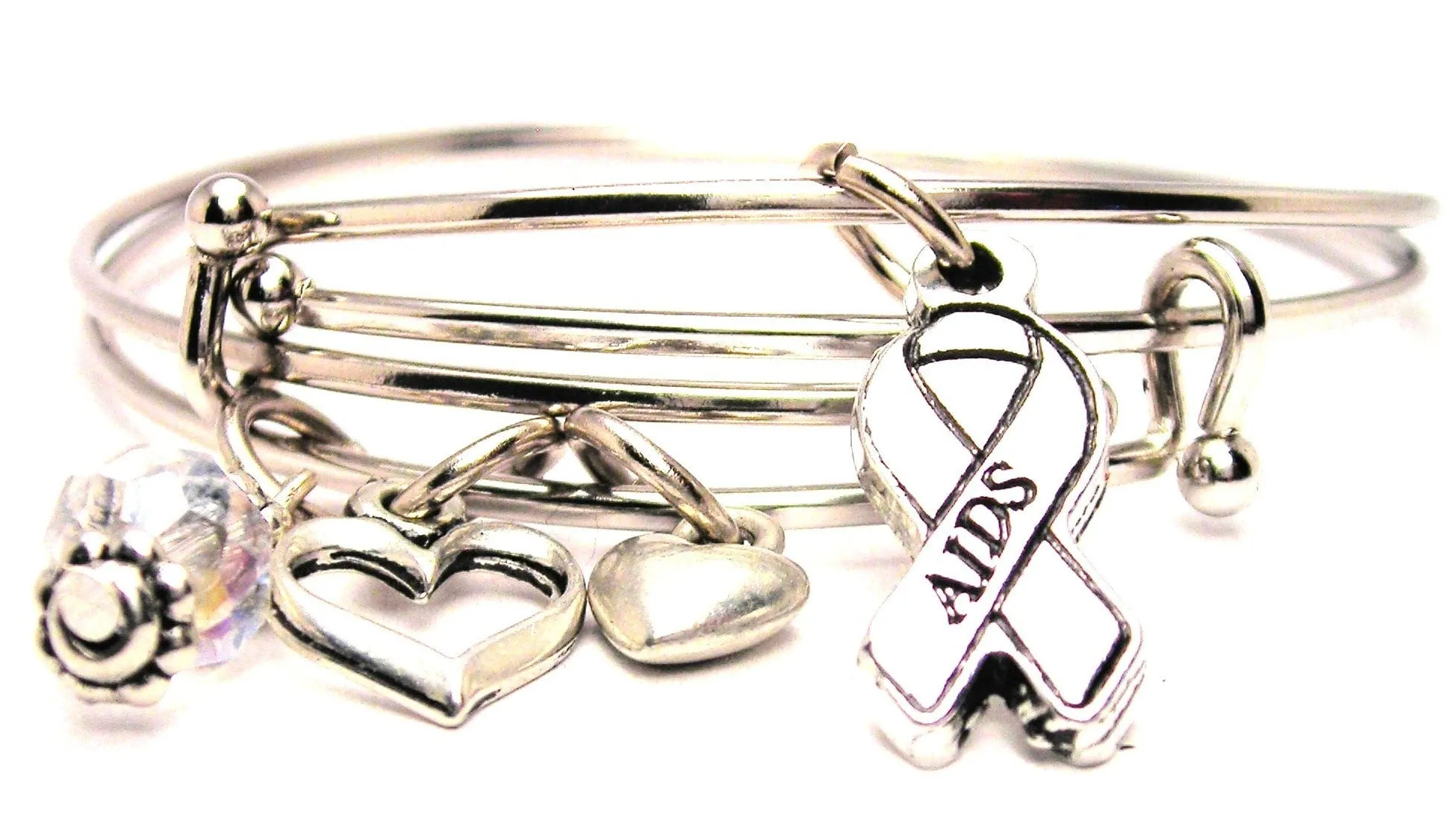 Aids Awareness Ribbon Expandable Bangle Bracelet Set