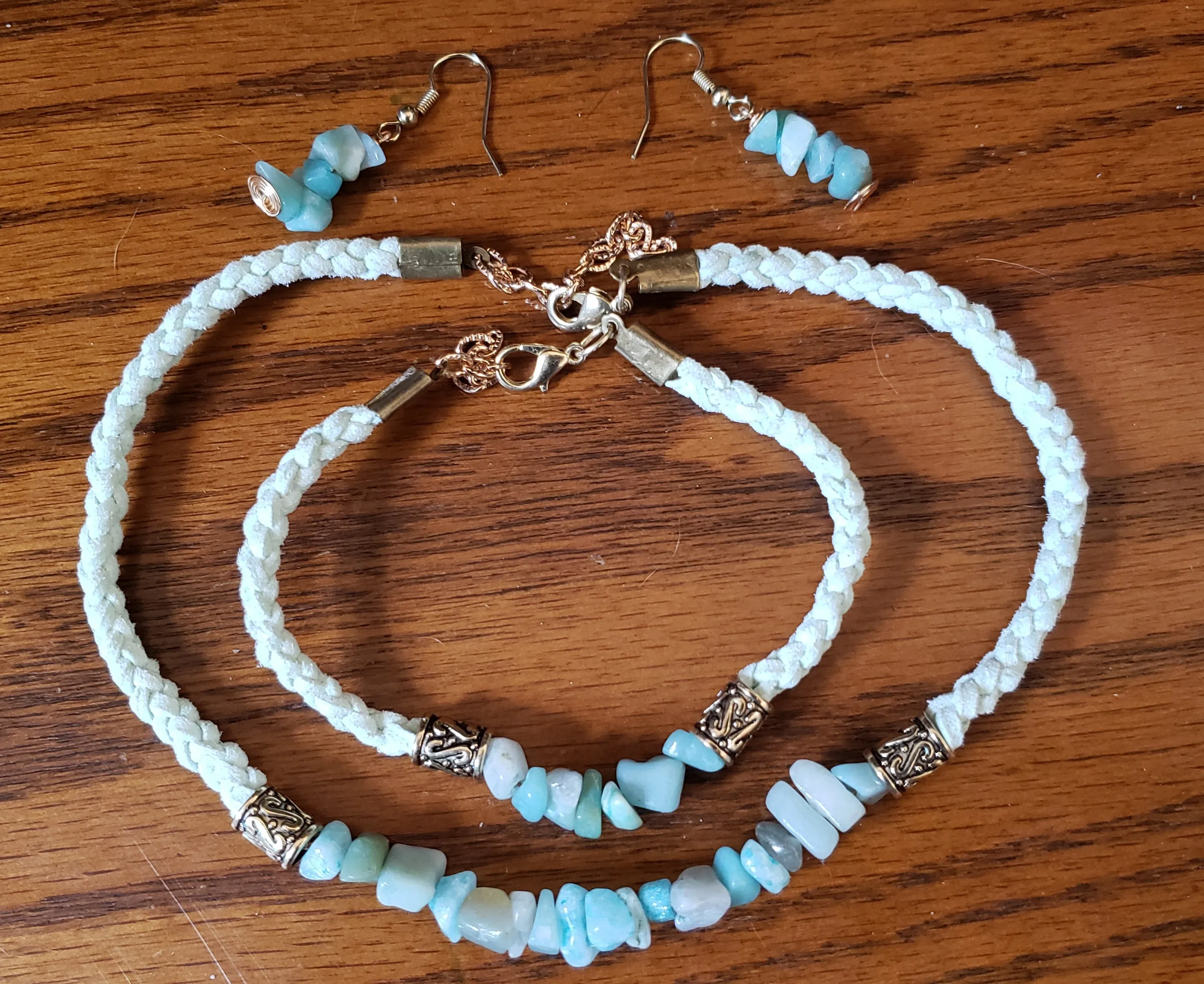 Amazonite Gemstone & Genuine Sky Blue Leather Set. Choker, Bracelet & Earrings. Fully adjustable with Lobster Claw Clasps