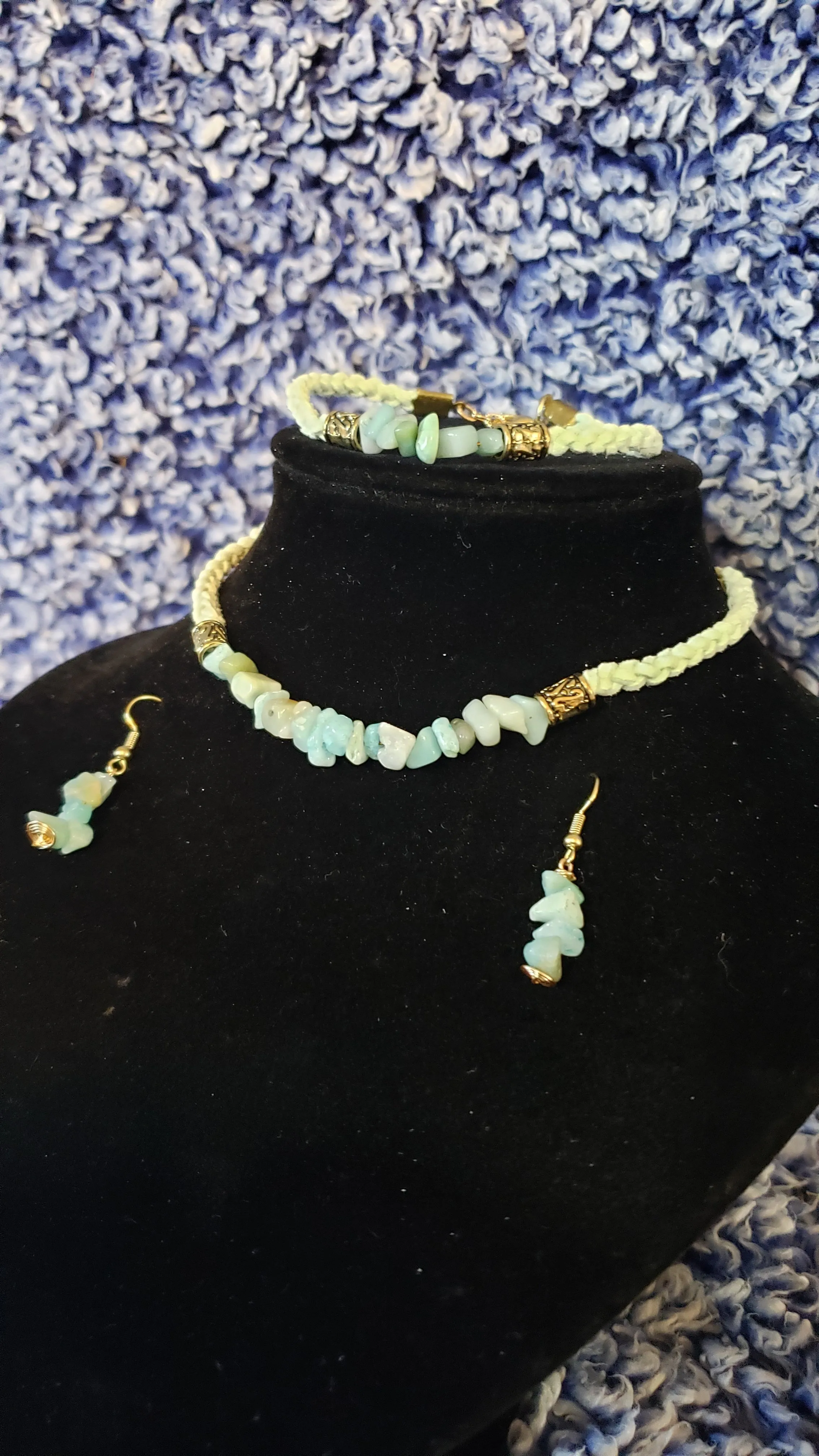 Amazonite Gemstone & Genuine Sky Blue Leather Set. Choker, Bracelet & Earrings. Fully adjustable with Lobster Claw Clasps