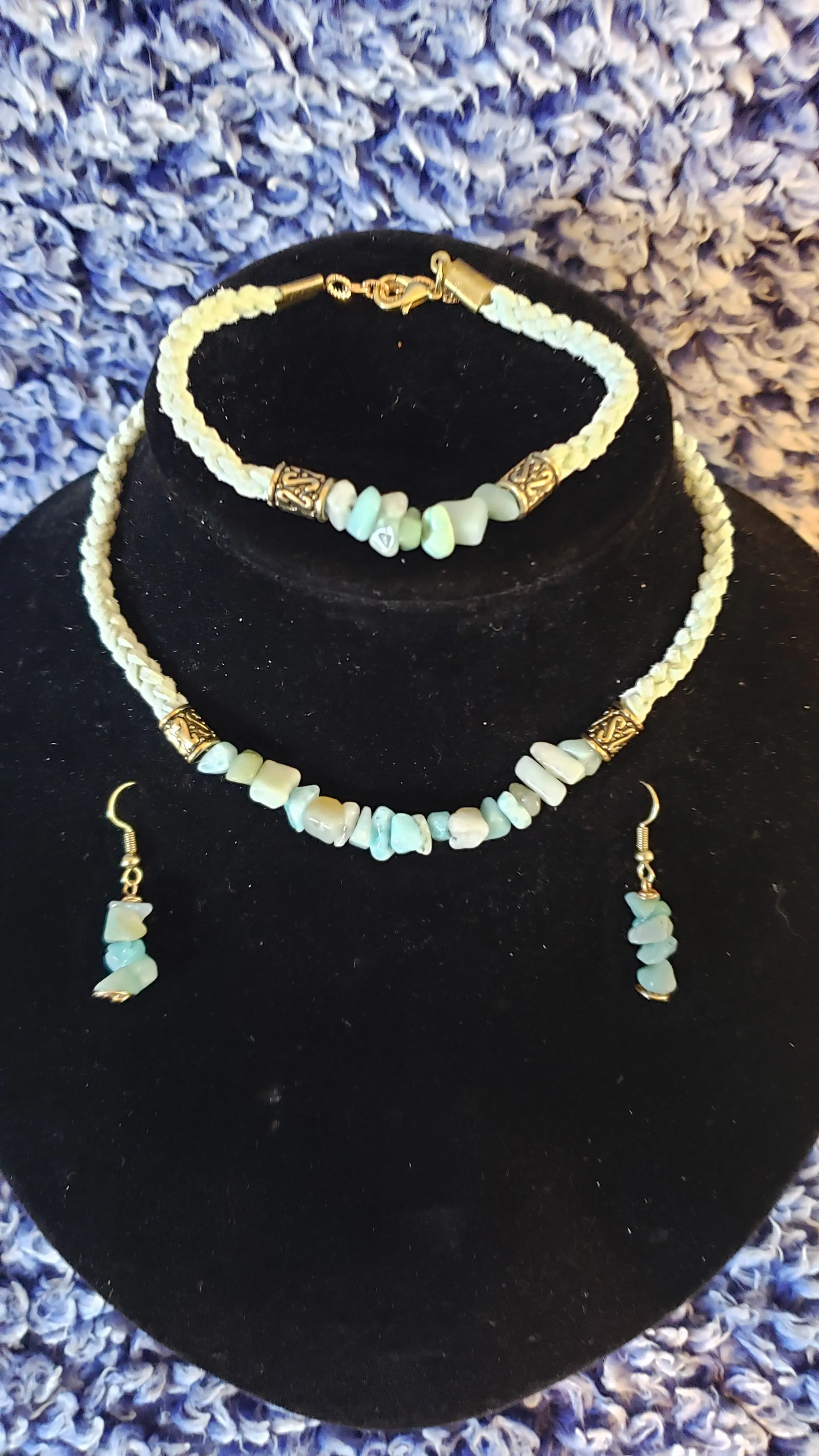 Amazonite Gemstone & Genuine Sky Blue Leather Set. Choker, Bracelet & Earrings. Fully adjustable with Lobster Claw Clasps