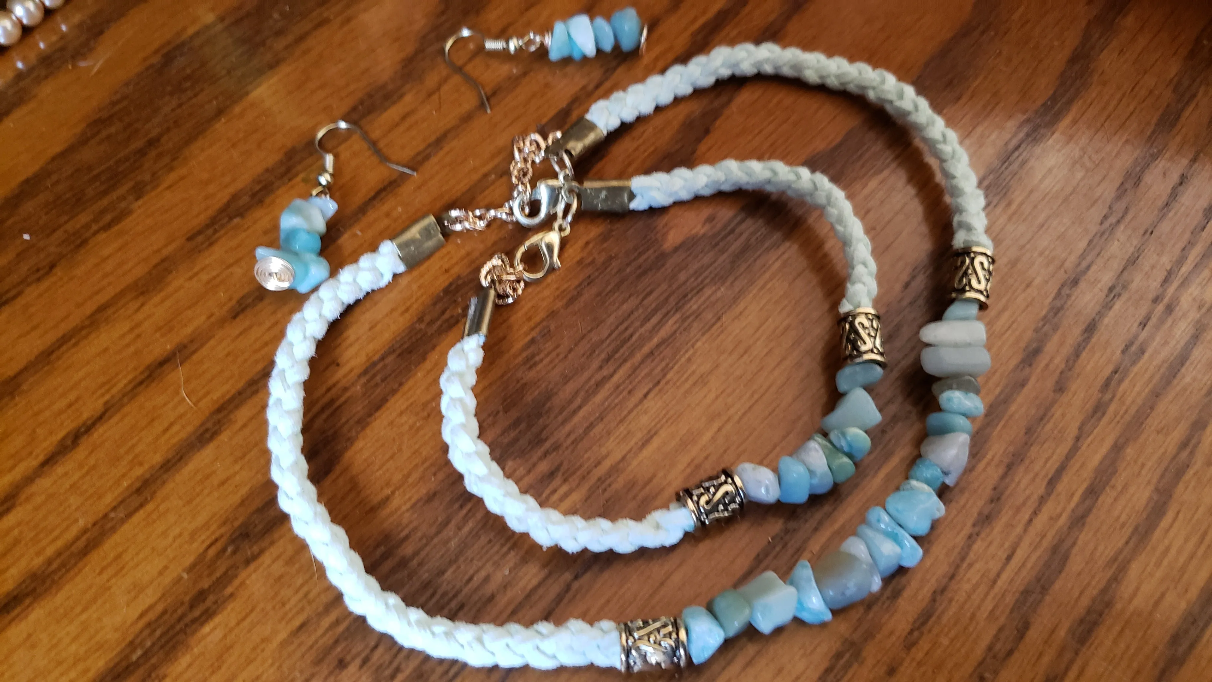 Amazonite Gemstone & Genuine Sky Blue Leather Set. Choker, Bracelet & Earrings. Fully adjustable with Lobster Claw Clasps