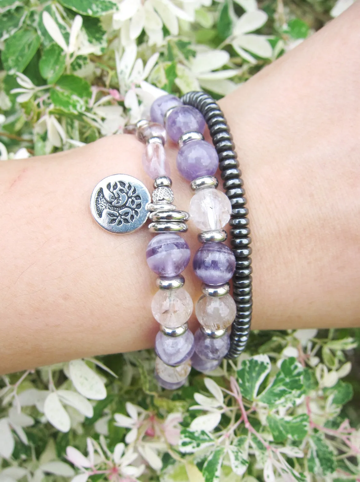 Ametrine, Cacoxenite Quartz, Lavender and Purple Chevron Mala Bracelet in 27 Beads