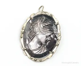 Antique Carved Abalone Shell Marcasite Woman Cameo 800 Silver Pendant Pin