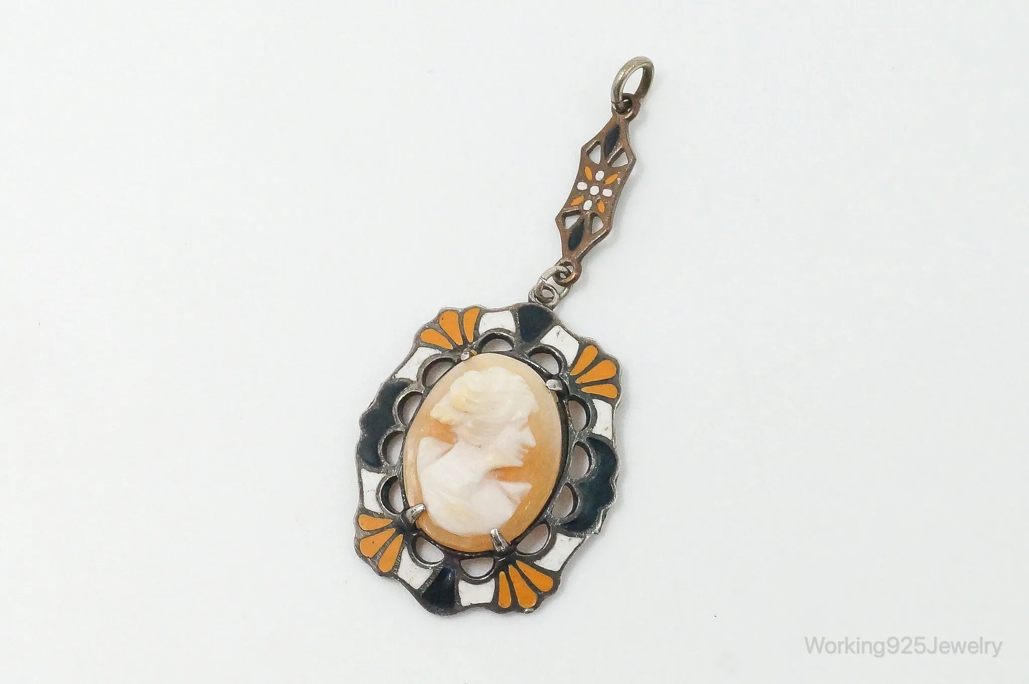 Antique Carved Woman Cameo Shell Enamel Sterling Silver Pendant