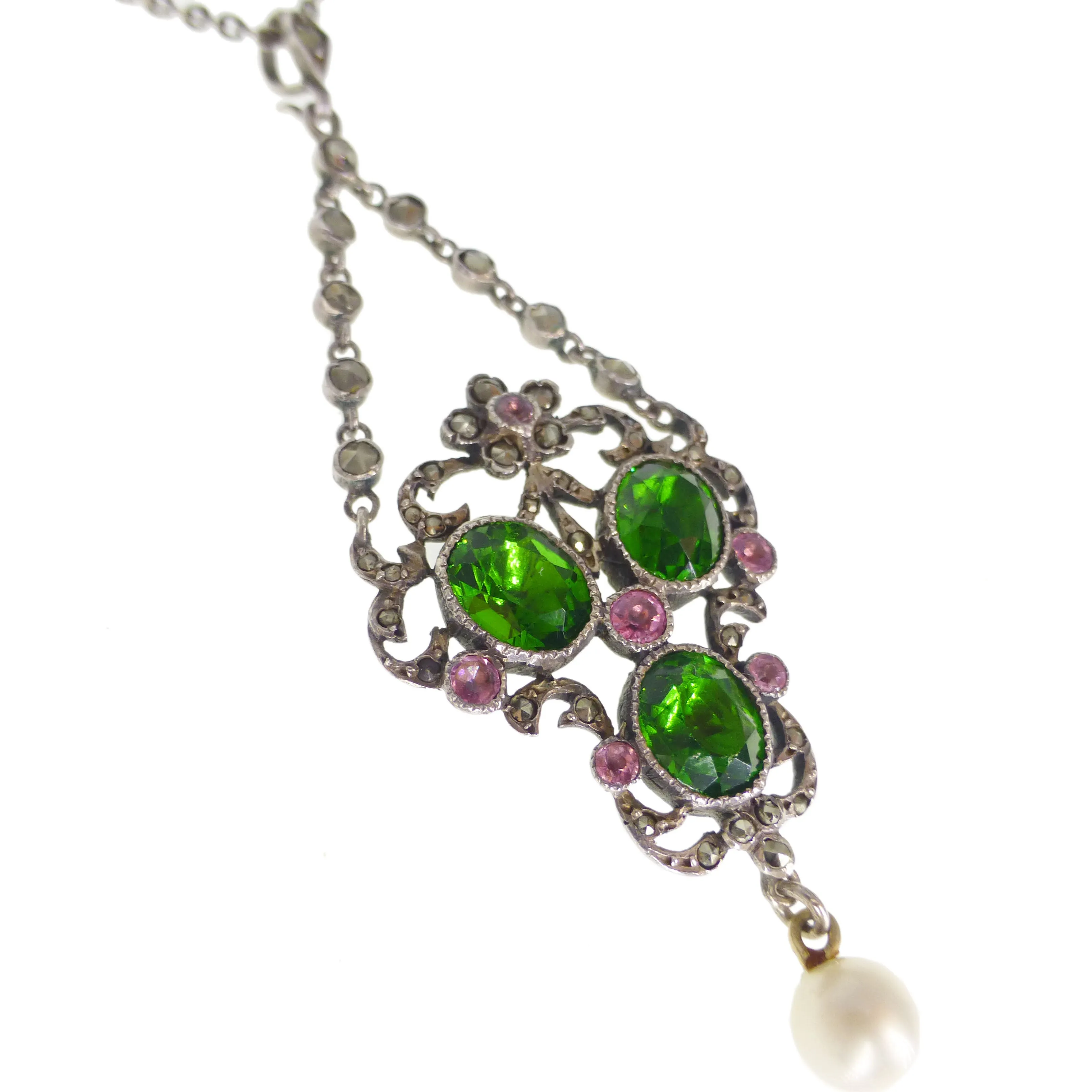 Antique Edwardian Silver Pink & Green Paste Floral Pendant