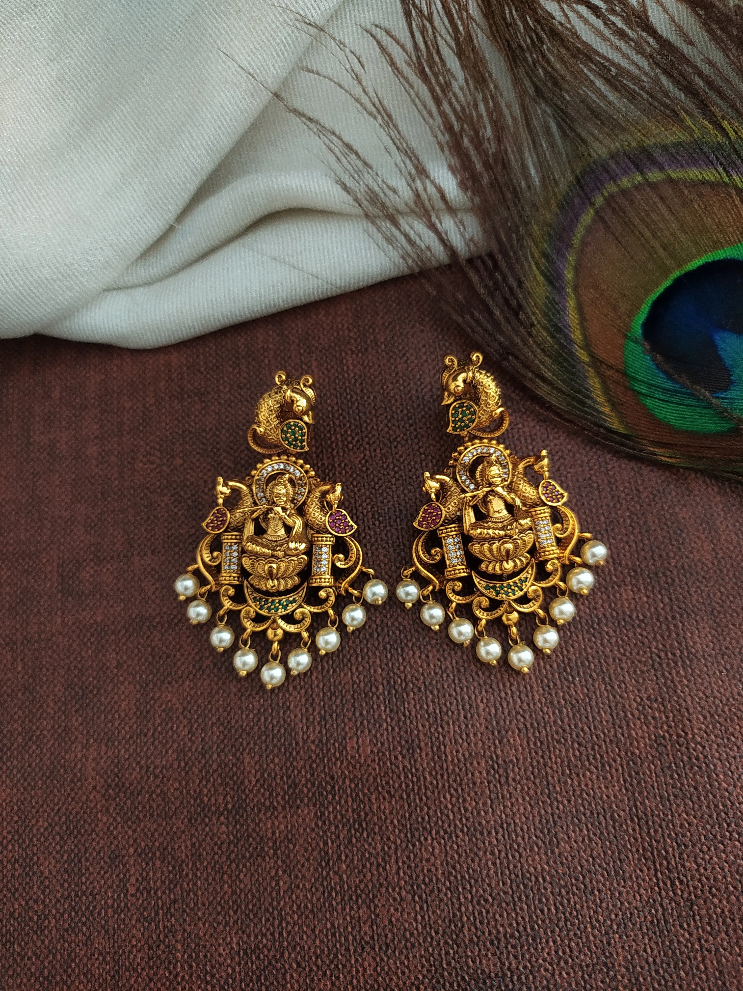 Antique Krishna Necklace Set with Nagas Work, Zircon Stones, and Pearl Drops"