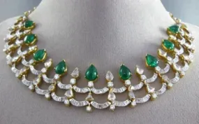 ANTIQUE LARGE 37.42CT DIAMOND & AAA EMERALD 18KT GOLD CLEOPATRA CHOKER NECKLACE