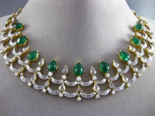 ANTIQUE LARGE 37.42CT DIAMOND & AAA EMERALD 18KT GOLD CLEOPATRA CHOKER NECKLACE