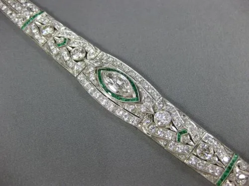 ANTIQUE LARGE 8.15CT DIAMOND & AAA EMERALD PLATINUM MARQUISE ART DECO BRACELET