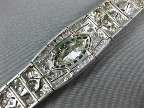 ANTIQUE LARGE 8.15CT DIAMOND & AAA EMERALD PLATINUM MARQUISE ART DECO BRACELET