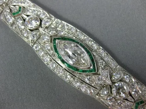 ANTIQUE LARGE 8.15CT DIAMOND & AAA EMERALD PLATINUM MARQUISE ART DECO BRACELET