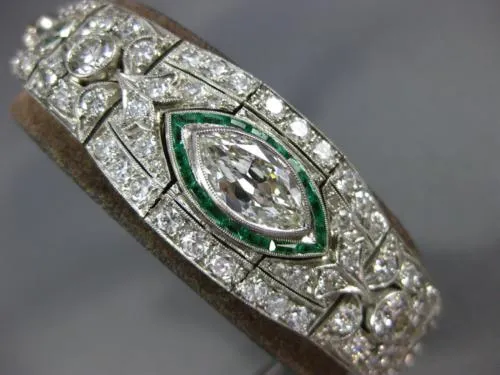 ANTIQUE LARGE 8.15CT DIAMOND & AAA EMERALD PLATINUM MARQUISE ART DECO BRACELET