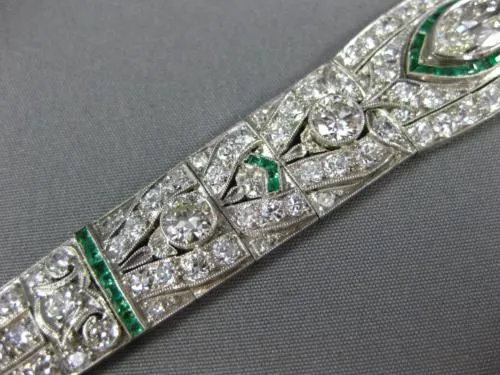 ANTIQUE LARGE 8.15CT DIAMOND & AAA EMERALD PLATINUM MARQUISE ART DECO BRACELET