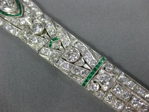 ANTIQUE LARGE 8.15CT DIAMOND & AAA EMERALD PLATINUM MARQUISE ART DECO BRACELET