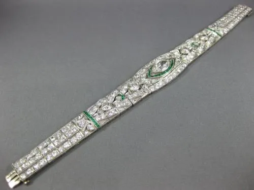 ANTIQUE LARGE 8.15CT DIAMOND & AAA EMERALD PLATINUM MARQUISE ART DECO BRACELET