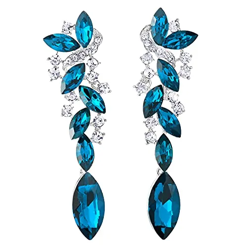 Aqua Blue Art Deco Party Prom Rhinestone Marquise Cluster Chandelier Long Dangle Statement Earrings