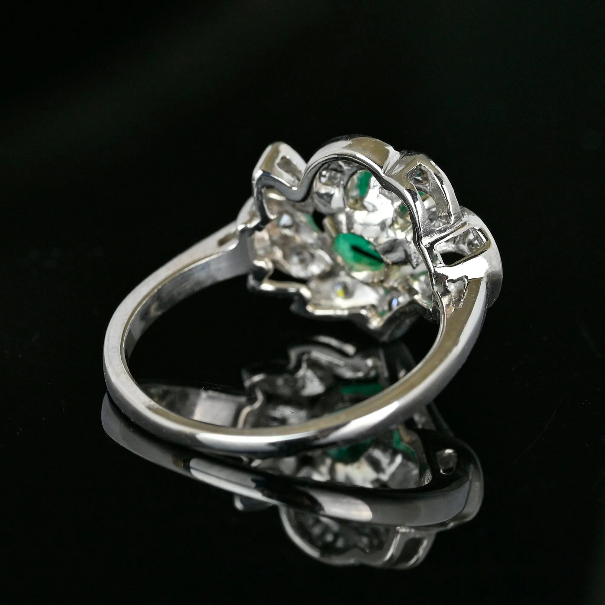 Art Deco 14K White Gold Diamond Emerald Ring