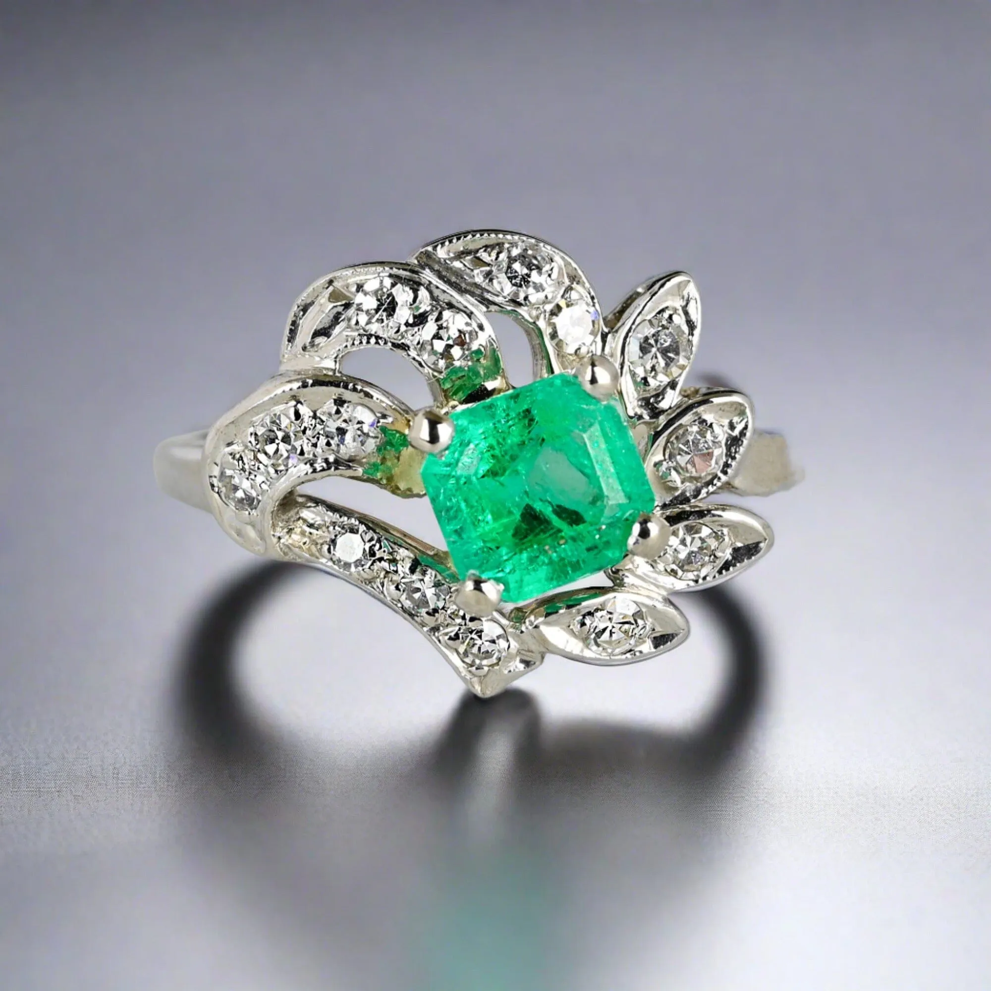 Art Deco 14K White Gold Diamond Emerald Ring