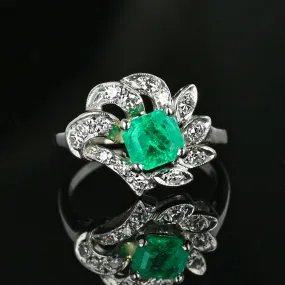 Art Deco 14K White Gold Diamond Emerald Ring