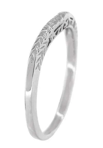 Art Deco Crown of Leaves Filigree Platinum Contoured Engraved Wedding Band