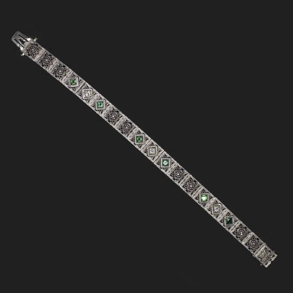 ART DECO DIAMOND EMERALD BRACELET PLATINUM 14k WHITE GOLD FILIGREE VINTAGE 20s