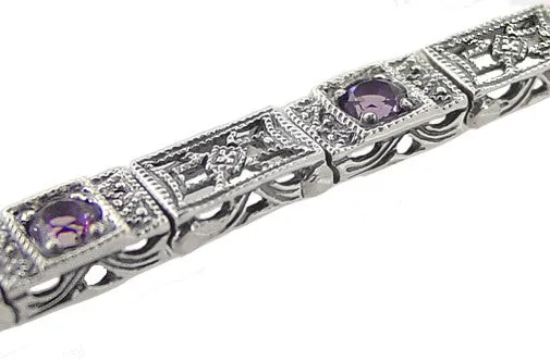 Art Deco Filigree Straightline Amethyst Bracelet in Sterling Silver