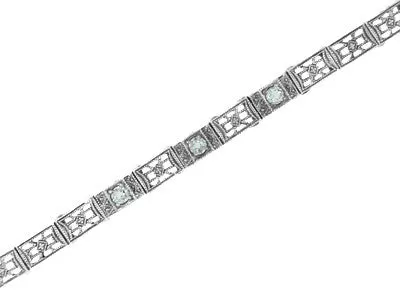 Art Deco Filigree Straightline Blue Topaz Bracelet in Sterling Silver