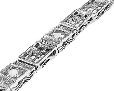 Art Deco Filigree Straightline White Topaz Bracelet in Sterling Silver