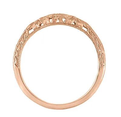 Art Deco Flowers and Wheat Carved Contoured Filigree Wedding Band in 14 Karat Rose Gold