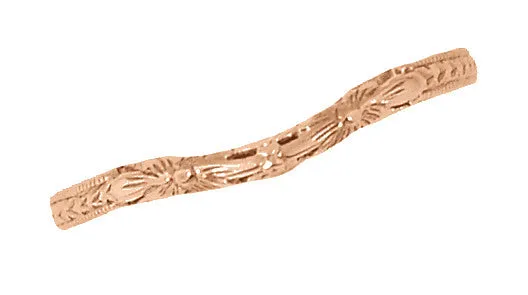 Art Deco Flowers and Wheat Carved Contoured Filigree Wedding Band in 14 Karat Rose Gold