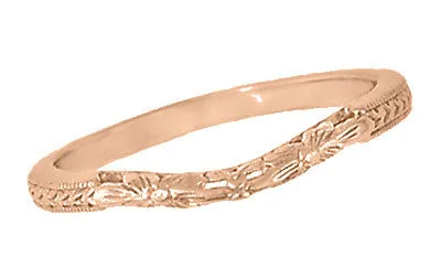 Art Deco Flowers and Wheat Carved Contoured Filigree Wedding Band in 14 Karat Rose Gold