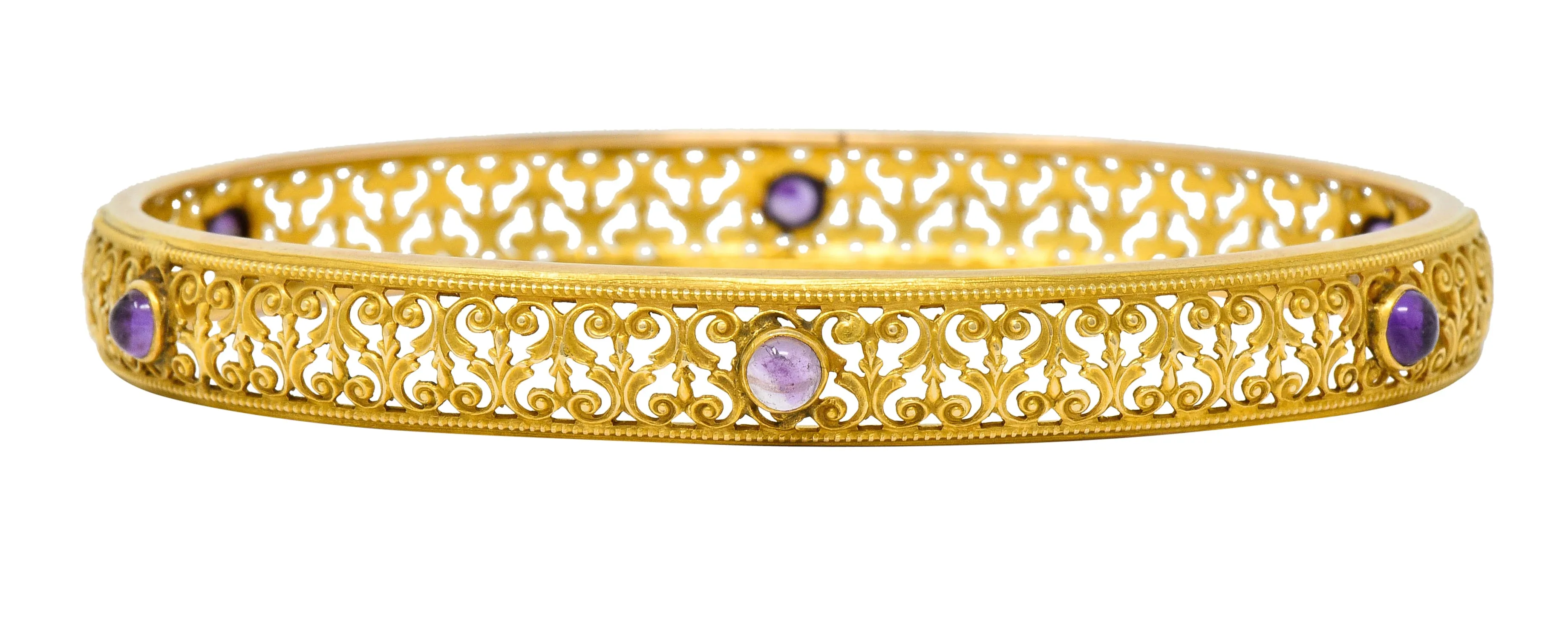 Art Nouveau Amethyst 14 Karat Gold Scrolled Filigree Bangle Bracelet