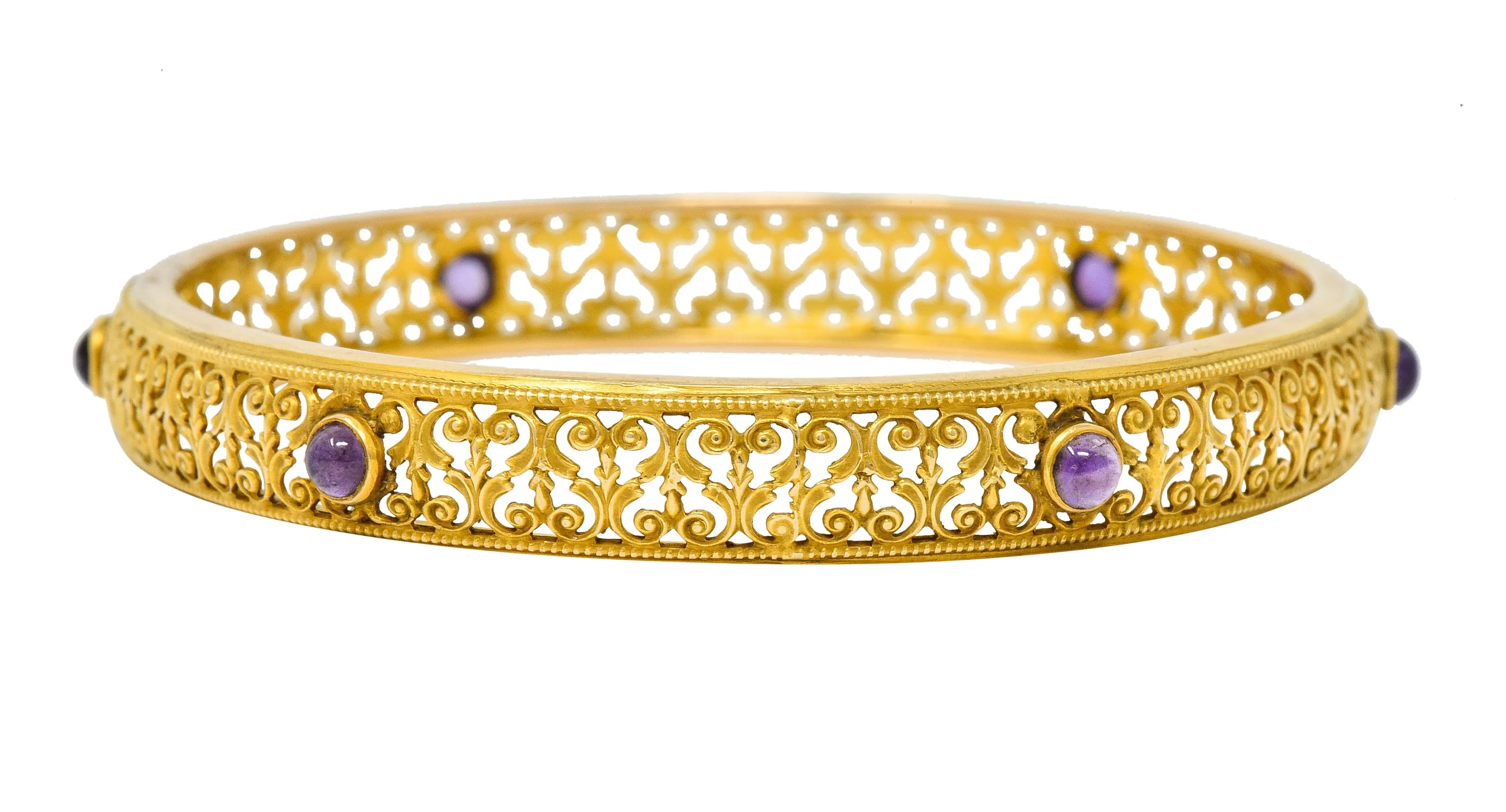 Art Nouveau Amethyst 14 Karat Gold Scrolled Filigree Bangle Bracelet