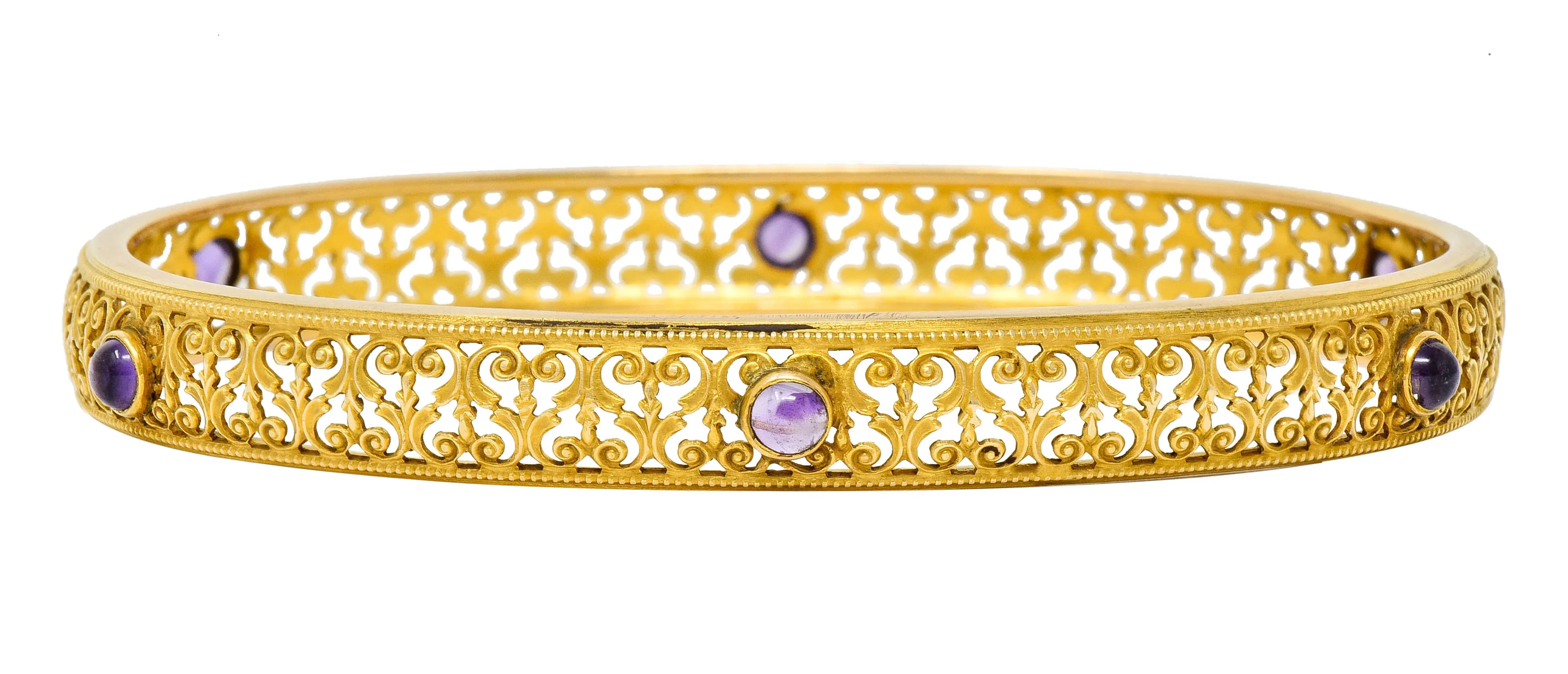 Art Nouveau Amethyst 14 Karat Gold Scrolled Filigree Bangle Bracelet