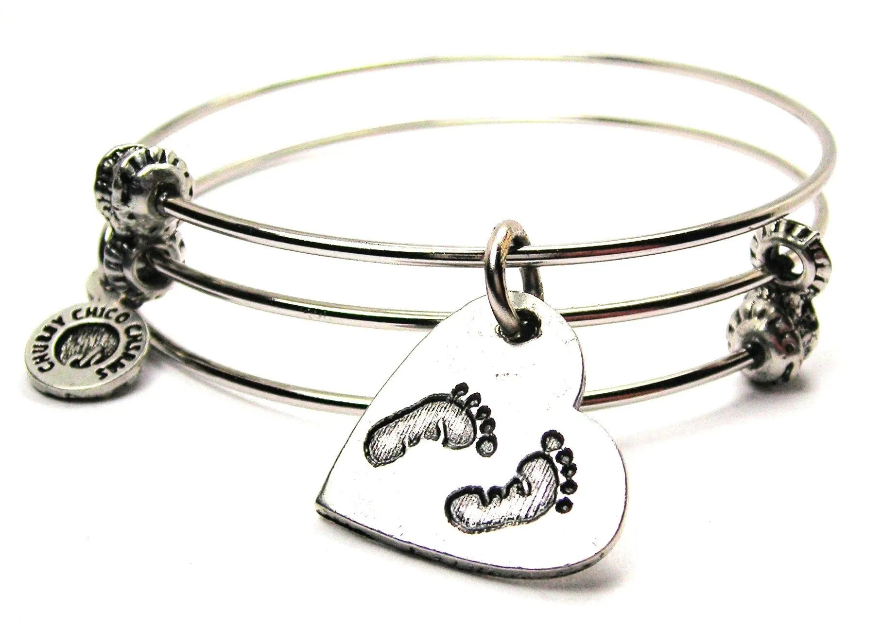 Baby Footprints On Your Heart Triple Style Expandable Bangle Bracelet