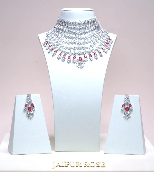 Banares Ruby Statement Necklace Set Designer White Gold Plated Fashion Jewelry by Jaipur Rose Indian Jewelry Online