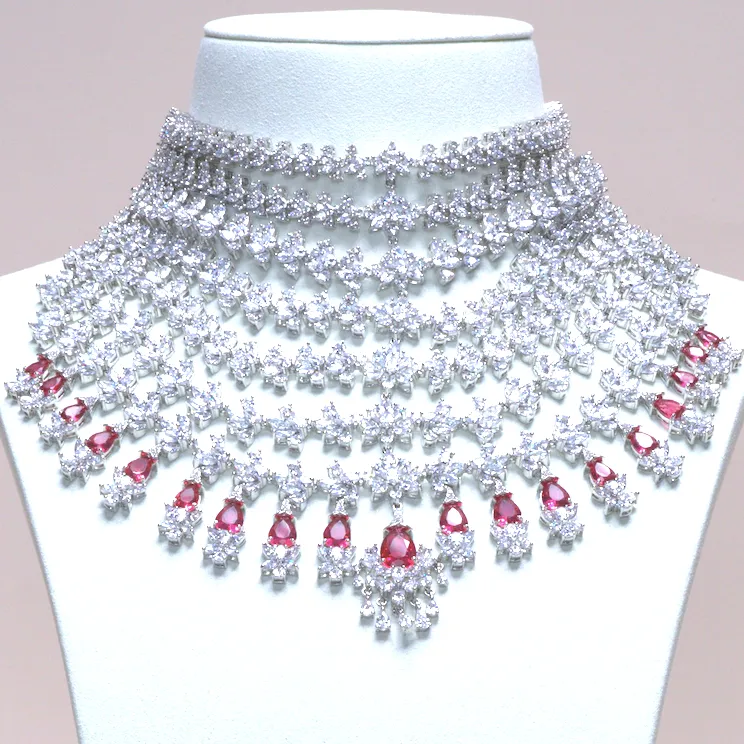 Banares Ruby Statement Necklace Set Designer White Gold Plated Fashion Jewelry by Jaipur Rose Indian Jewelry Online