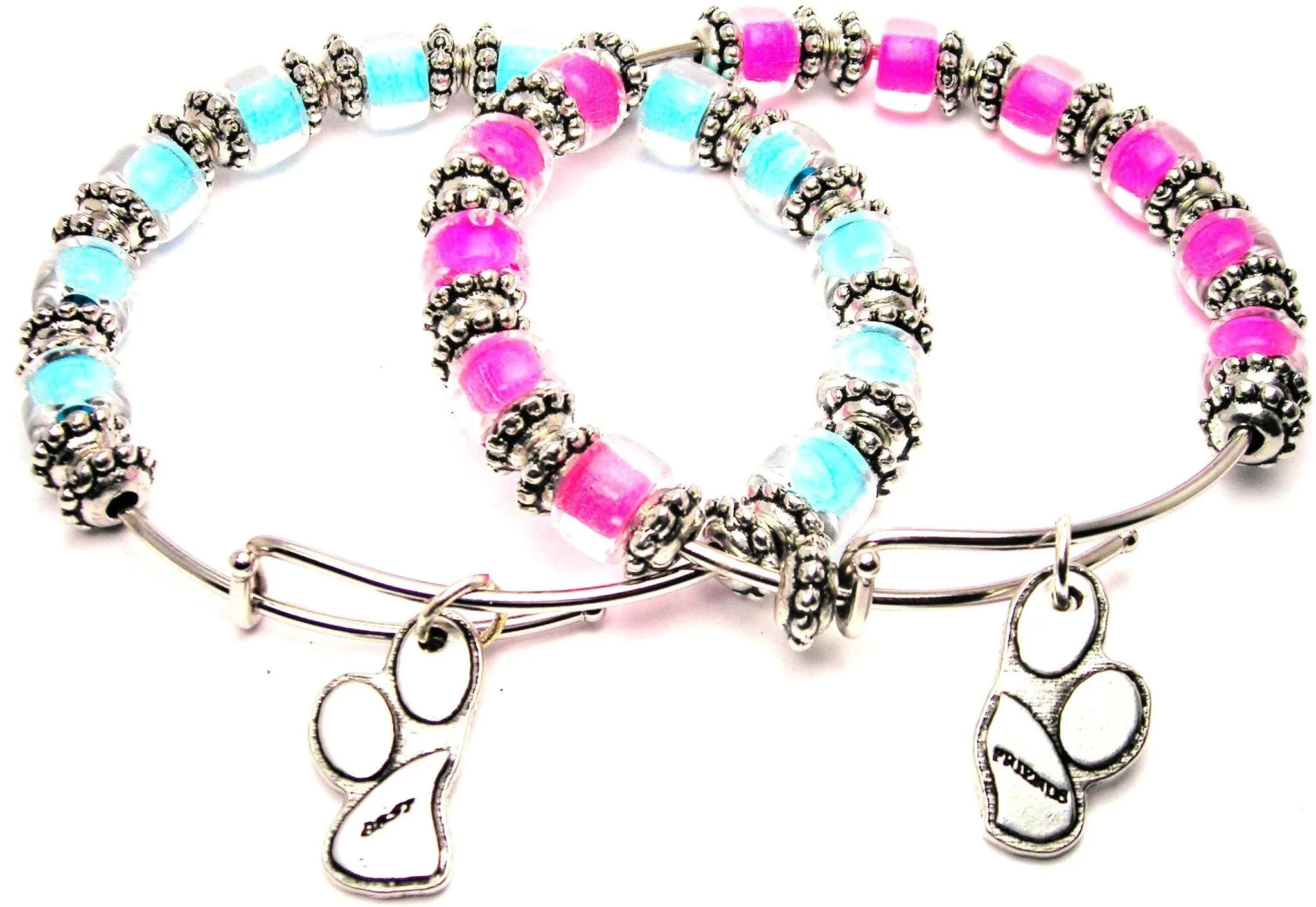 Best Friends Paw Prints Gift Set Of Two Glass Beaded 9mm Bracelets in Aqua Blue And Hot Pink