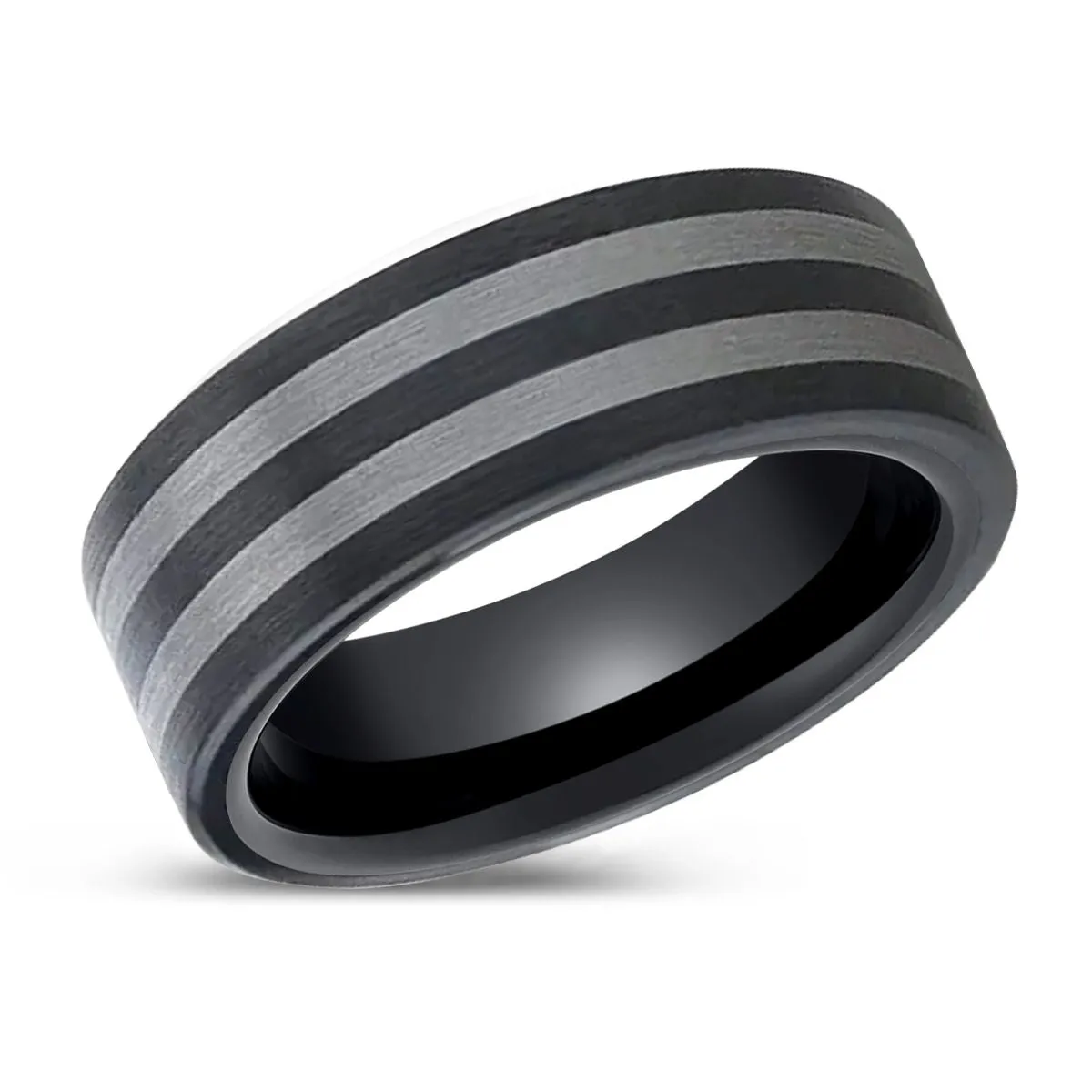 BETA | Ceramic Ring, Tungsten Inlay, Flat Brushed Edges