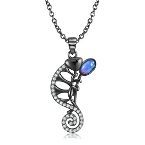 Black Chameleon Oval Opal Stone Silver Necklace