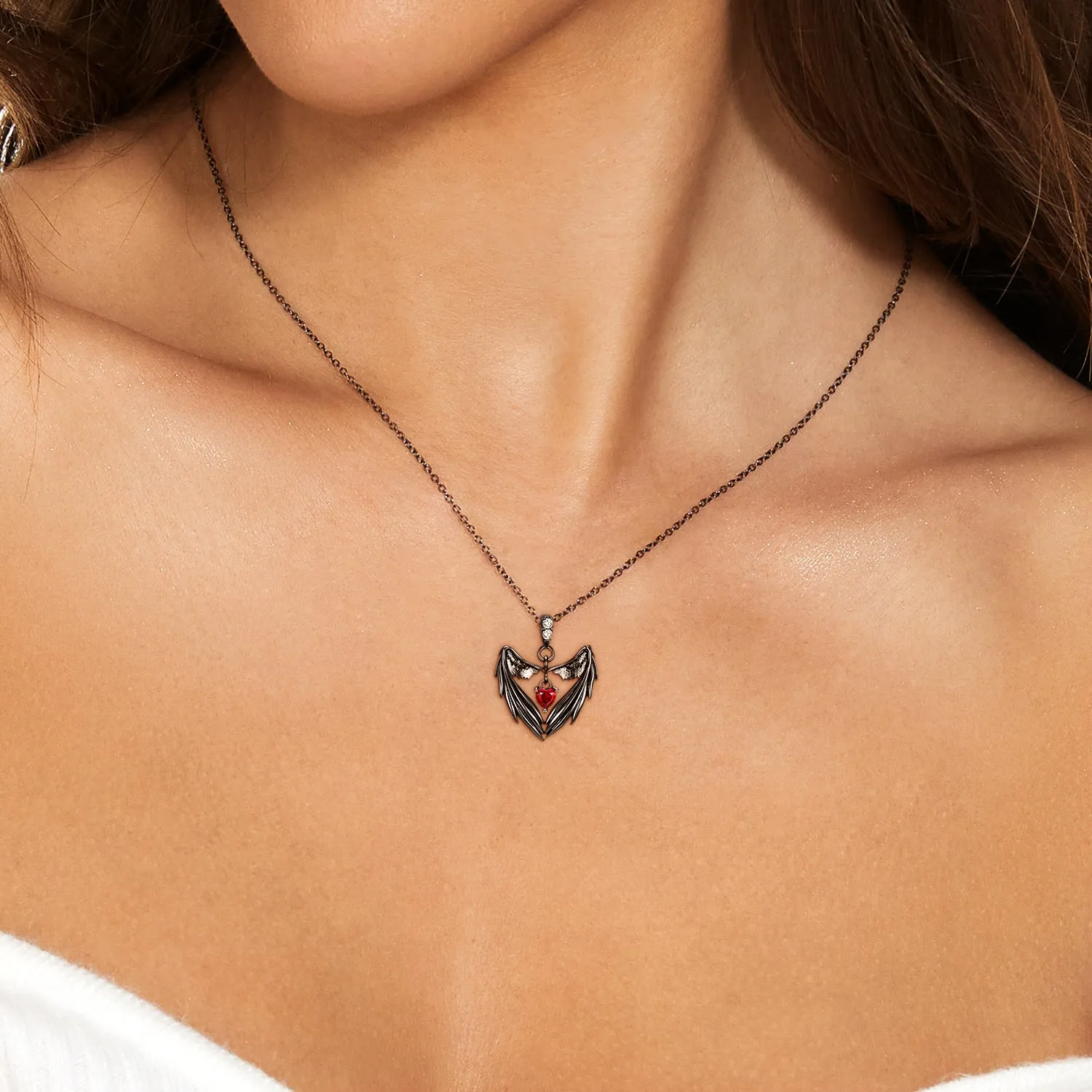 Black Heart Shape Angle Wings Red Zircon Silver Necklace